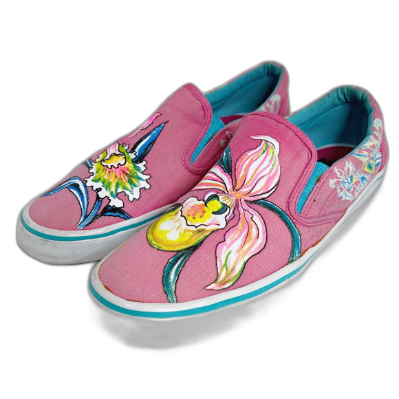 y2k Vintage Ed Hardy Pink Flower Orchid Painted Slip On Sneakers Size 10 - Picture 2 of 11